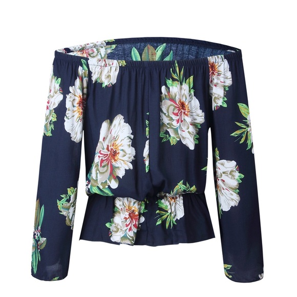 Long sleeve floral open shoulder top - Picture 7 of 8
